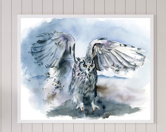 Owl Art Print, Watercolor Sketch Of Bird Of Prey, Wild Bird Wings Drawing Wall Decor