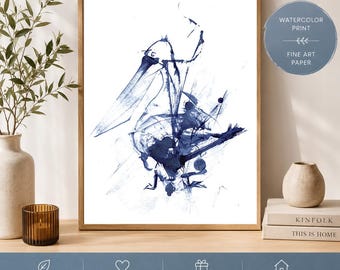 Aquarelldruck eines Blaumeisenvogels, ausdrucksstarke Tuschezeichnung, Küstendekor