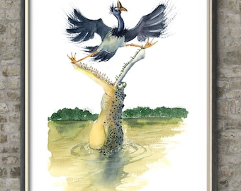 Aquarel alligator en vogel: humoristische kinderkunstprint