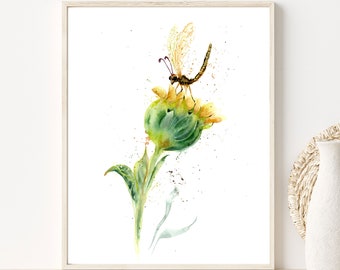 Dragonfly And Flower Wall Art, Watercolor Dragonfly Print, Green Floral Art, Botanical Wall Decor, Minimalist Art, Above The Couch