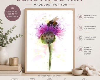 Honey Bee Giclée Print: Watercolor Thistle Flower, Nature Art