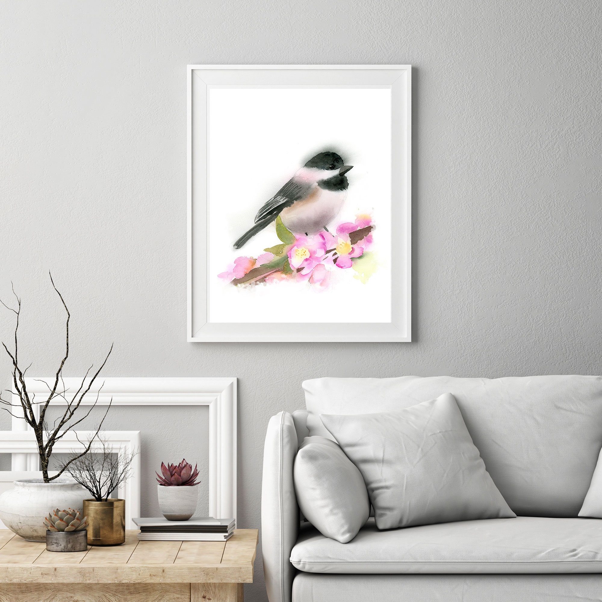 Bird and flower art Chickadee print of original Watercolor | Etsy