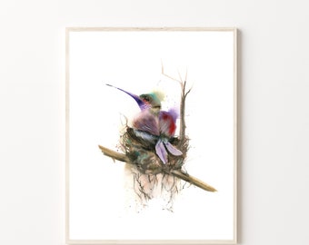 Watercolor Hummingbird Print, Bird in Nest Wall Art Decor, Little Bird Painting, Colorful Wildlife Bird Giclee Artwork Print Gift Idea