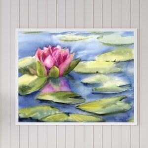 Lotus Landscape Painting Print, Watercolor Wall Art  Decor, Water Lily Painting, Horizontal  Artwork Floral Poster, Bedroom Wall Art