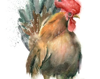 Lámina giclée de acuarela de gallo: Arte de pared con gallinas de granja