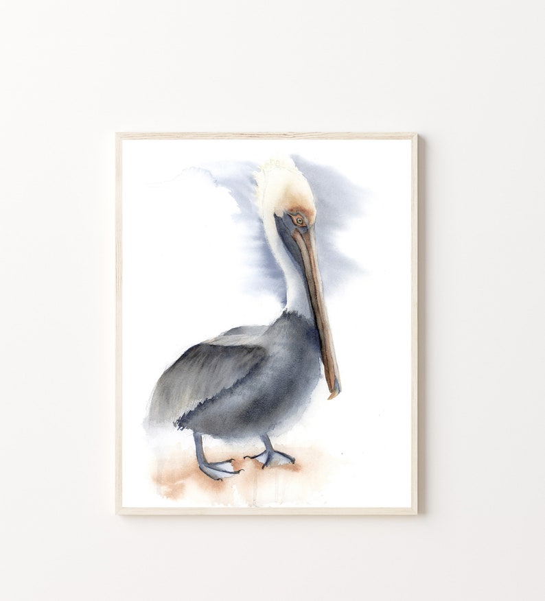 May include: Watercolor painting of a brown pelican standing on a sandy beach. The pelican has a white head and a long, orange beak. The background is a soft blue watercolor wash.