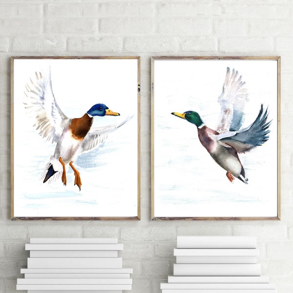 Original duck painting giclee watercolor prints set perfect for nursery wall decoration