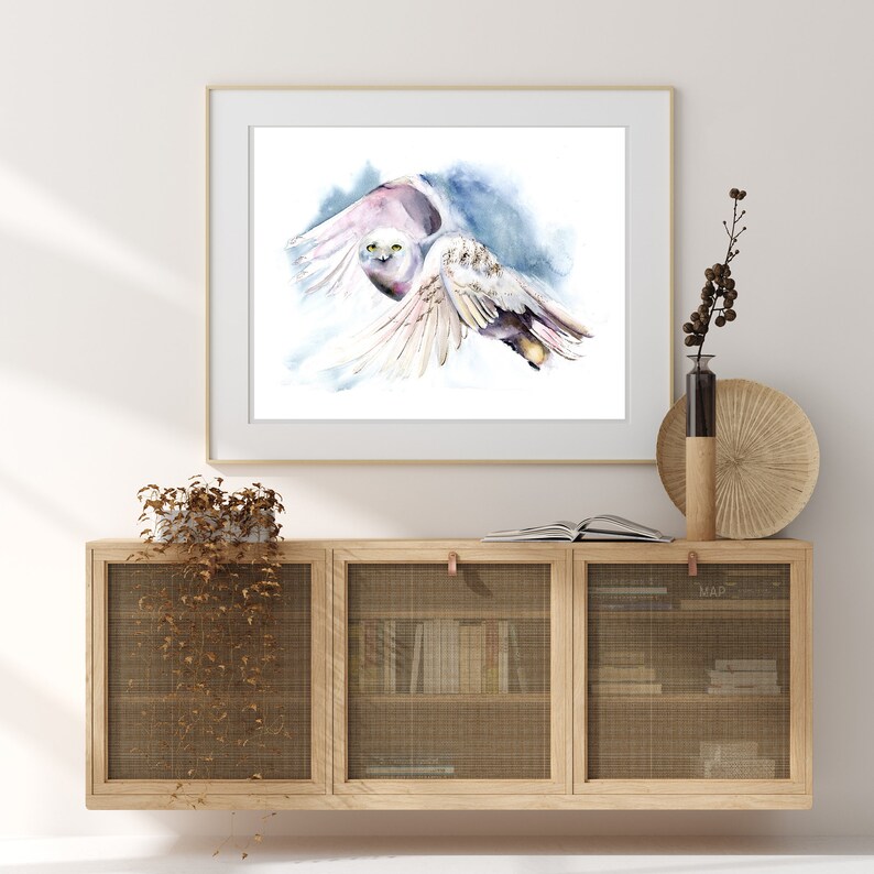 White owl painting woodland nursery poster Polar Owl art print wall decor Flying bird Watercolor Snowy owl fine art print