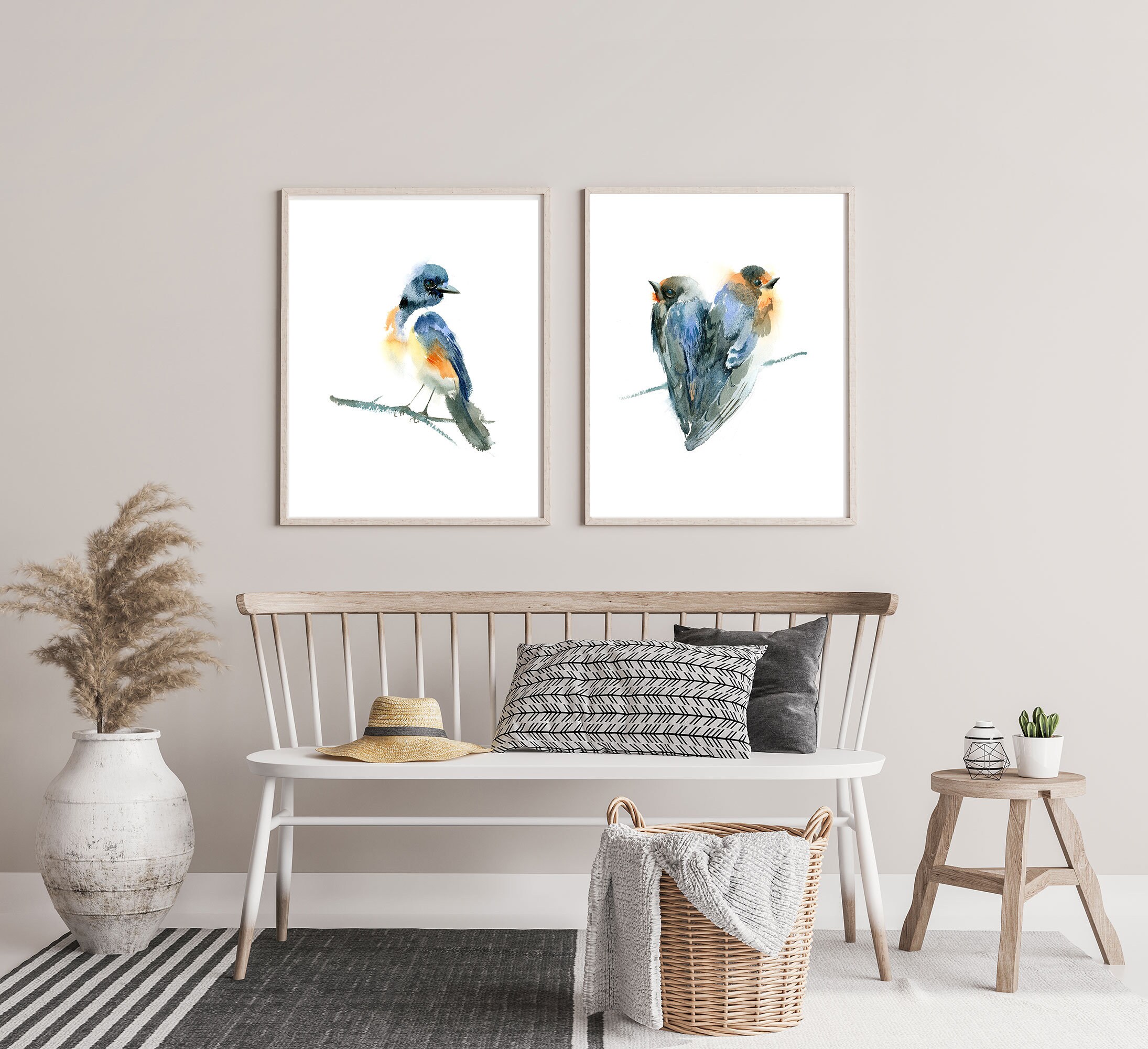 Bluebird art print Set of 2 giclée Minimalist wall decor Etsy