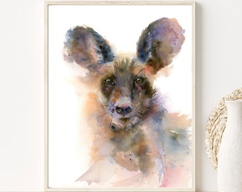 Hyena Art Print, Wild Dog Watercolor Painting, African Animal Wildlife Wall Art, Safari Artwork Cabin Lodge Wall Décor, Giclée Print