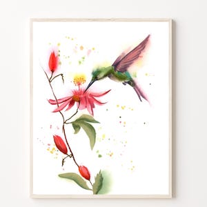 Hummingbird Watercolor Print: Floral Bird Wall Art