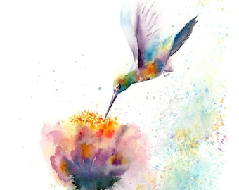 Aquarel kunstafdruk kolibrie: muurdecoratie tropische bloemen