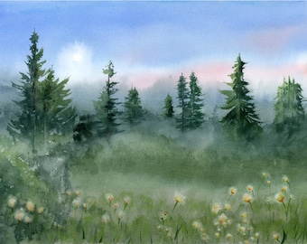 Groenblijvende bomen landschapskunst print, dennenbos aquarel schilderij, mistig bos natuur muur decor