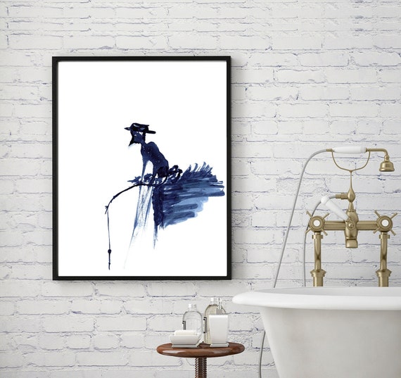 Fisherman Silhouette Indigo Ink Blot Wall Art Print, Minimalist Fishing  Abstract Blue People Modern Decor 