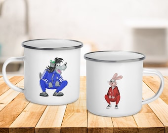 Russian Enamel Camp Cup Soldier Mug, Nu Pogodi Tracksuit Squat, Slav Squat, Russian Gopnik, Red / Blue