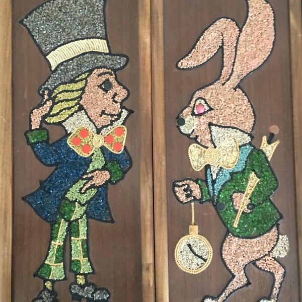 Mad Hatter, White Rabbit  from Alice in Wonderland, Mid Century Modern,  gravel Mosaic Art,  Vintage