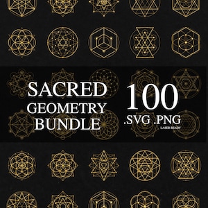 May include: A collection of 100 gold geometric designs on a black background. The designs include circles, stars, and other geometric shapes. Text reads "Sacred Geometry Bundle .SVG .PNG".