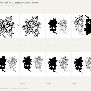 Può includere: Una collezione digitale intitolata Geometric Rose SVG Designs and Layer Variants che presenta otto illustrazioni di rose in bianco e nero. I disegni includono linee dettagliate, sagome solide e livelli etichettati con codici come SF-0173.