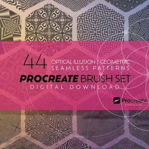 Puede incluir: Gráfico digital para un conjunto de pinceles Procreate, con 44 patrones geométricos y de ilusión óptica sin costuras. El diseño incluye el texto "PROCREATE BRUSH SET" y "DIGITAL DOWNLOAD" sobre un fondo rosa. El logotipo de Procreate es visible.