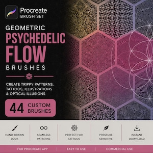 May include: A digital product listing for a Procreate brush set titled Geometric Psychedelic Flow Brushes. The graphic features 44 custom brushes, showcasing hexagonal tiles with intricate line patterns in shades of purple, pink, and gold.