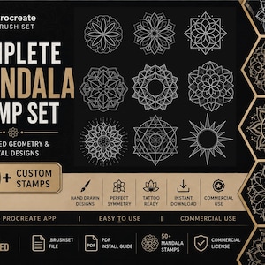 Può includere: Un set di pennelli digitali Procreate con oltre 50 design di timbri mandala. La grafica nera e oro mostra vari motivi geometrici a linee bianche, inclusi mandala circolari e a stella, accompagnati da testo che descrive i file inclusi.