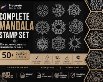 Complete Mandala Stamp Set for Procreate – 50+ Sacred Geometry & Ornamental Designs