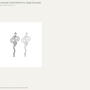 May include: Two ornamental snake motifs presented as a digital SVG file. The graphic features two identical, vertically oriented snake illustrations rendered in a clean, black line art style against a plain white background, labeled Two Ornamental Snake Motifs SVG, Digital Download.