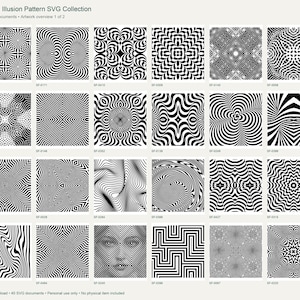 May include: A collection of 24 black and white optical illusion patterns arranged in a grid, labelled Optical Illusion Pattern SVG Collection, 40 SVG documents, Artwork overview 1 of 2, digital download, and no physical item included.