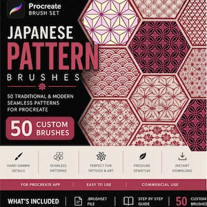 Può includere: Un set di pennelli digitali per Procreate con 50 motivi giapponesi. L'immagine mostra vari disegni geometrici e floreali in tonalità di rosso, rosa e nero all'interno di cornici esagonali, con testo che indica 50 pennelli personalizzati.