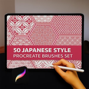 May include: A digital tablet displays a set of 50 Japanese-style Procreate brushes. The screen shows red and white geometric patterns. The tablet is held by a person using a white stylus. The Procreate app icon is visible.