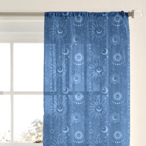 Blue Celestial Sheer Curtain: Sun, Moon, Stars Boho Decor (50" x 84")