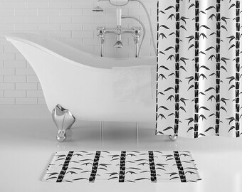 Black & White Bamboo Bath Mat, Black and White Bathroom Decor, Striped Minimalist Bathroom Decor, Non-Slip Microfiber Memory Foam Bath Rug