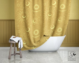 Golden Celestial Shower Curtain, 2024 Color Trend: Spicy Mustard, Yellow Bathroom, Modern Home Decor - 12 Buttonholes - 71"x74"