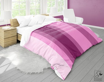 Rose Violet Stripes Microfiber Duvet Cover & Pillow Sham (Sold Separately) Magenta Bedding, White Lining - Twin, Twin XL, Queen, King