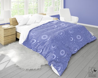 Periwinkle Celestial Duvet Cover: Lavender Sun, Moon Bedding