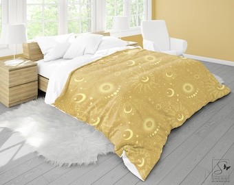 Golden Celestial Duvet Cover: Yellow Sun & Moon Microfiber Bedding