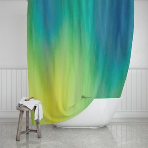 Blue, Green & Yellow Color Wash Shower Curtain 71&quot;x74&quot;, Colorful Paint Streaks Bathroom Decor, Abstract Watercolor Bath Curtain
