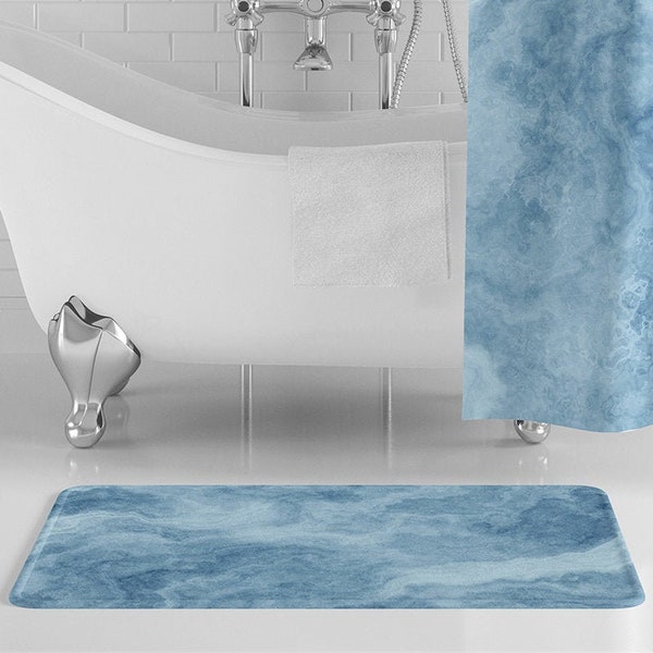 Blue Marble Bath Mat, Light Blue Marble Bathroom Decor, Marble Bathroom Decor, Blue Bathroom, Non-Slip Bath Rug