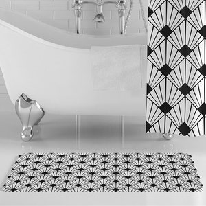 Black & White Art Deco Bath Mat, Black And White Bathroom Decor, Geometric Home Decor, Non-Slip Bath Rug, Memory Foam