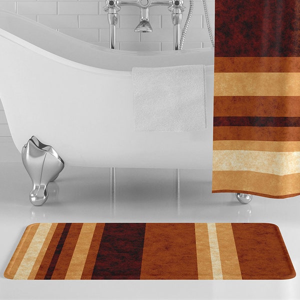 Burnt Orange Stripes Bath Mat, Dark Orange Bathroom Decor, Rust Striped Bathroom Decor, Rust Decor, Non-Slip Bath Rug