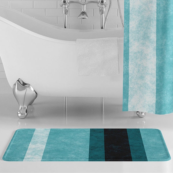 Aqua Stripes Bath Mat, Blue Bathroom Decor, Striped Bathroom Decor, Aqua Bath Rug, Absorbent Memory Foam, Non-Slip Bath Rug