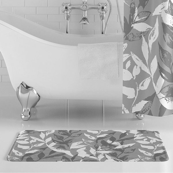 Gray Leaves Bathmat, Gray Monochrome Floral Bathroom Decor, Leaf Bathroom Decor, Gray Bathroom, Non-Slip Microfiber Memory Foam Bath Rug
