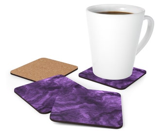 Dark Amethyst Marble Coaster Set, High-Gloss Top, Purple Home Decor, Drink Coaster For Desk or Table, Housewarming Gift - 4 Piece Set
