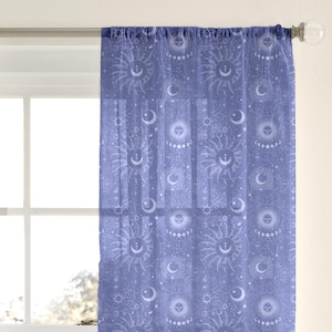 Periwinkle Celestial Sheer Window Curtain: Cosmic Boho Decor (50&quot; x 84&quot;)