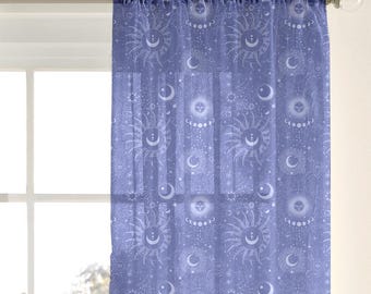 Periwinkle Celestial Sheer Window Curtain: Cosmic Boho Decor (50" x 84")