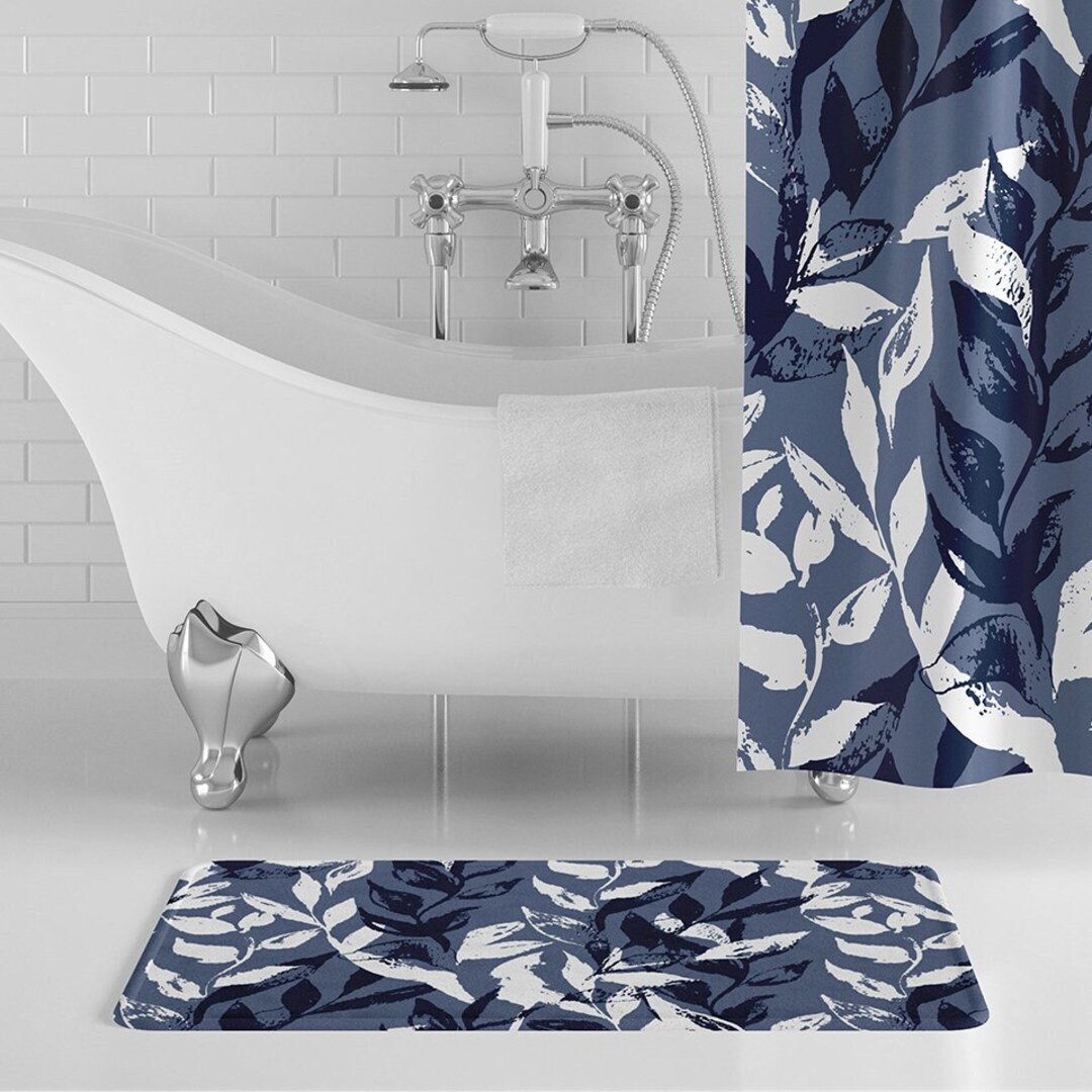 Blue Leaves Bathmat Blue Monochrome Floral Bathroom Decor Etsy
