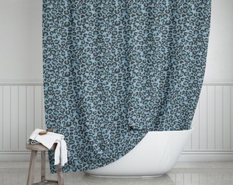 Blue Leopard Shower Curtain 71"x74", Blue Bathroom Decor, Exotic Animal Print Bath Curtain, Glam Bathroom Decor