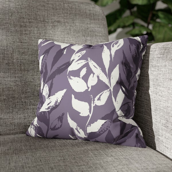 Purple Monochrome Leaves Faux Suede Square Pillow Cover, Purple Floral Accent Pillow, Purple Home Decor, Double Sided Print - COVER ONLY