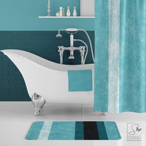 Aqua Stripes Bath Mat: Microfiber Memory Foam, Non-Slip