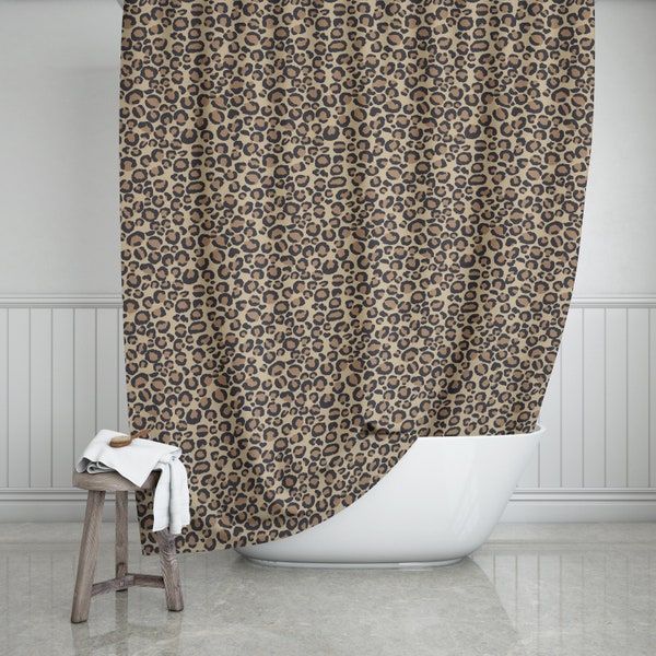 Leopard Print Shower Curtain 71"x74", Beige Bathroom Decor, Exotic Animal Print Bath Curtain, Glam Bathroom Decor